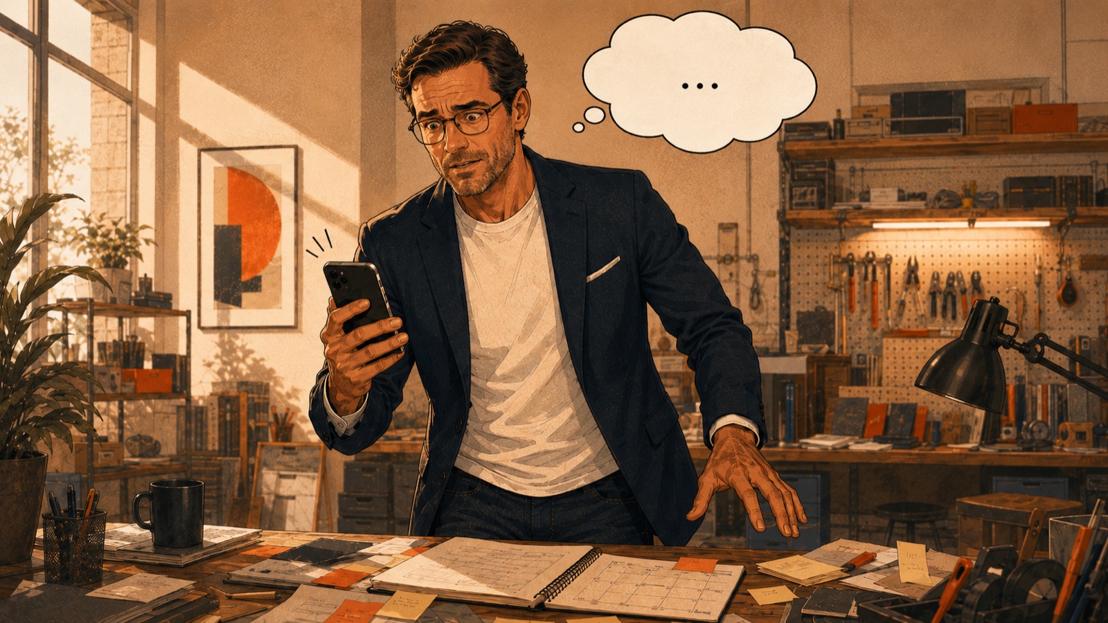 Unternehmer mit klingelndem Telefon und leerer Denkblase