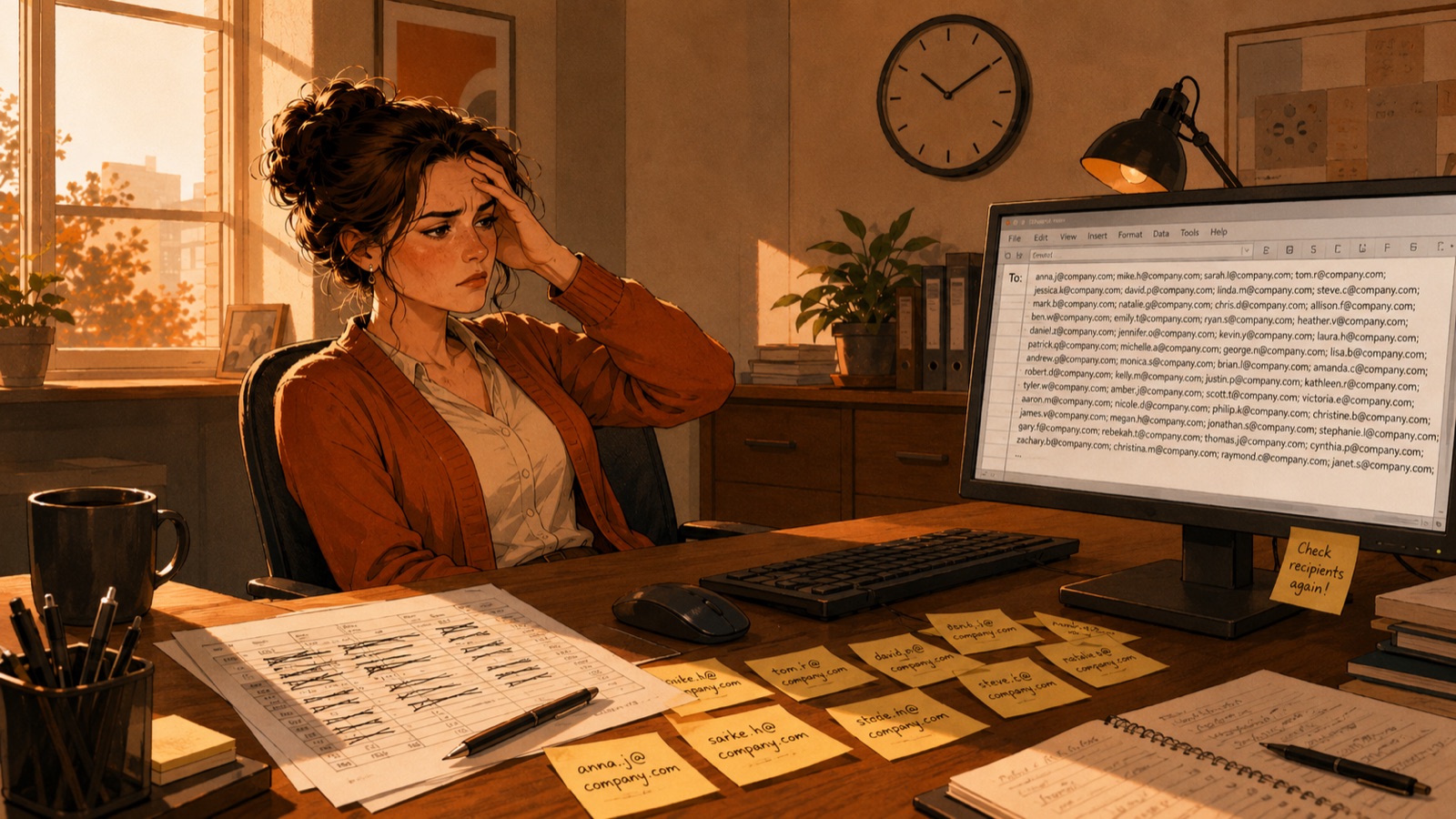 Mitarbeiterin vor endlosem BCC-Adressfeld