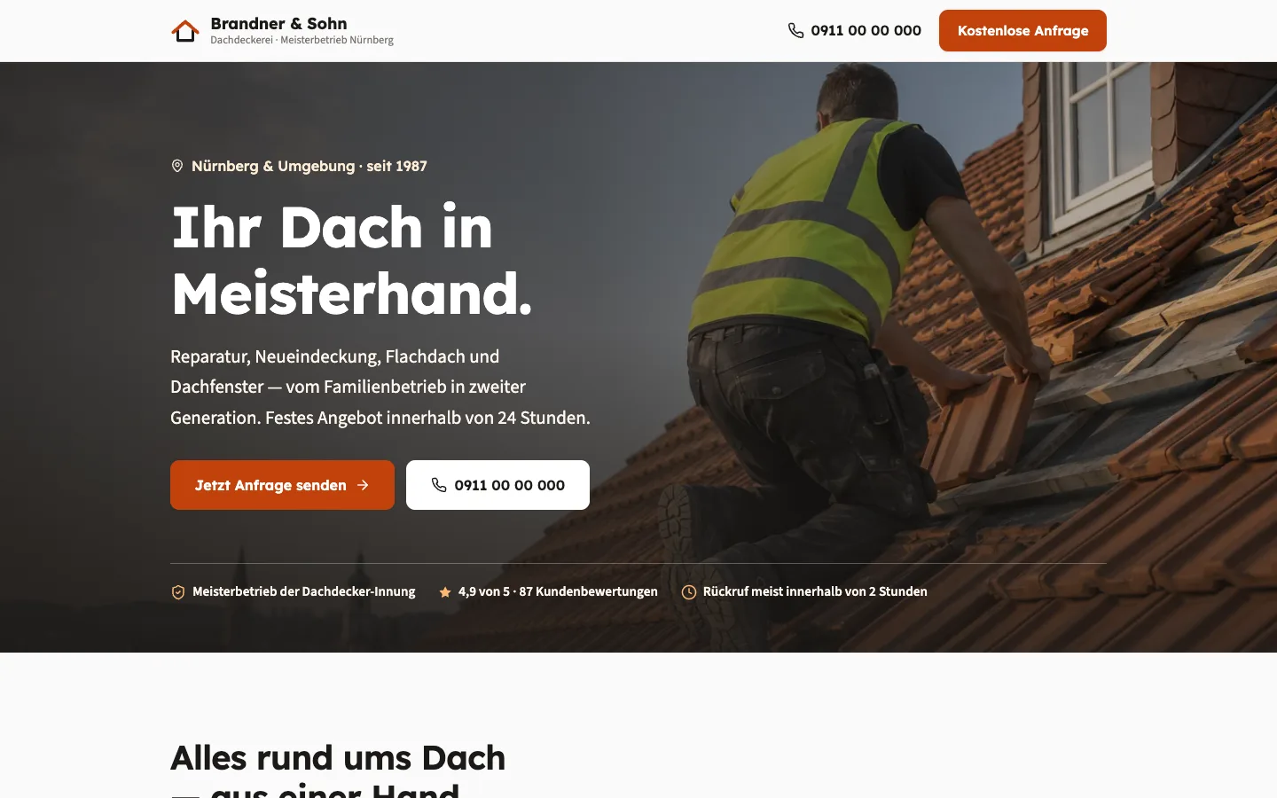 Beispiel-Website der Demo-Dachdeckerei Brandner und Sohn: großes Titelbild „Ihr Dach in Meisterhand“, Bewertung 4,9 von 5 aus 87 Bewertungen und Knopf „Jetzt Anfrage senden“
